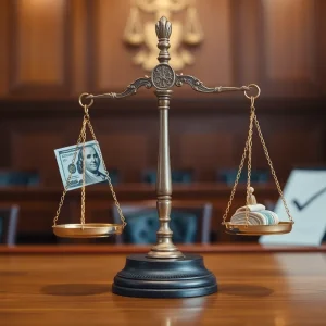 Courtroom scene with gavel and scales symbolizing justice.