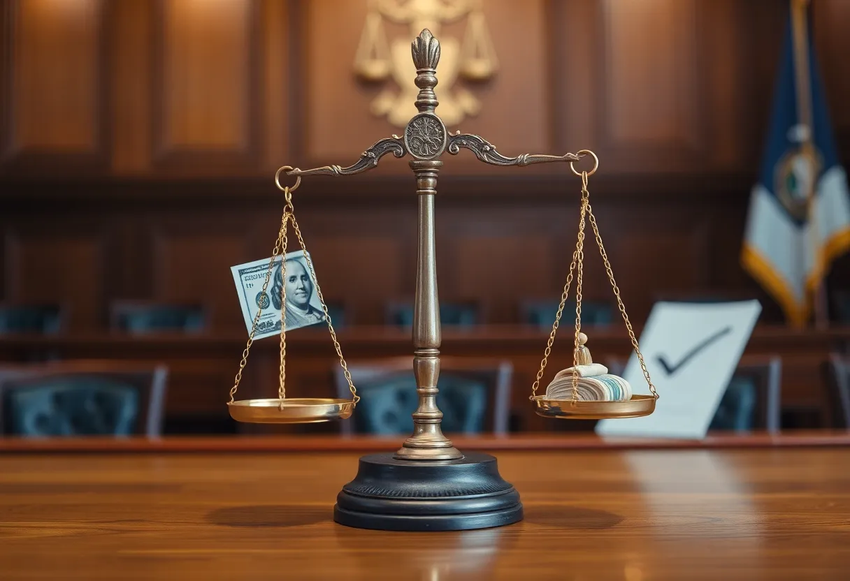 Courtroom scene with gavel and scales symbolizing justice.