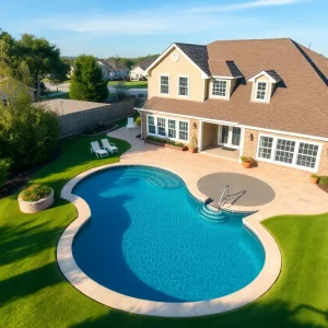 Exterior view of an elegant home with a heated saltwater pool in Owensboro