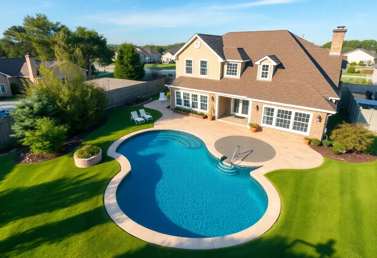 Exterior view of an elegant home with a heated saltwater pool in Owensboro