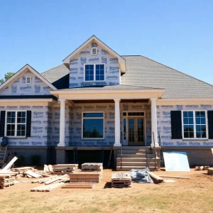 Construction of a home in Columbia SC with workers and materials.