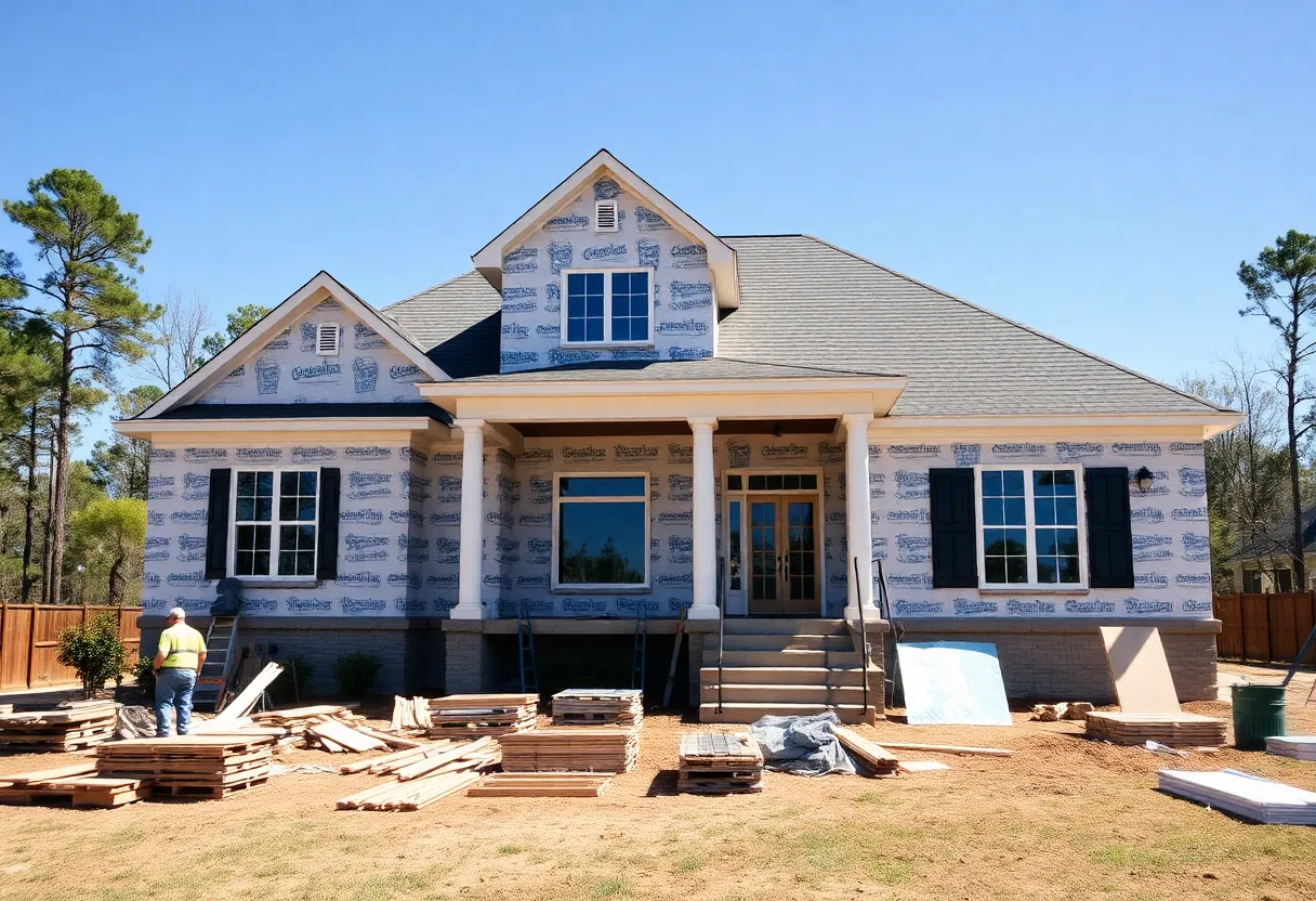 Construction of a home in Columbia SC with workers and materials.