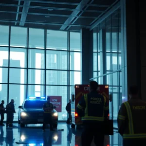 Police and emergency services at a financial district building in NYC after a shooting incident.