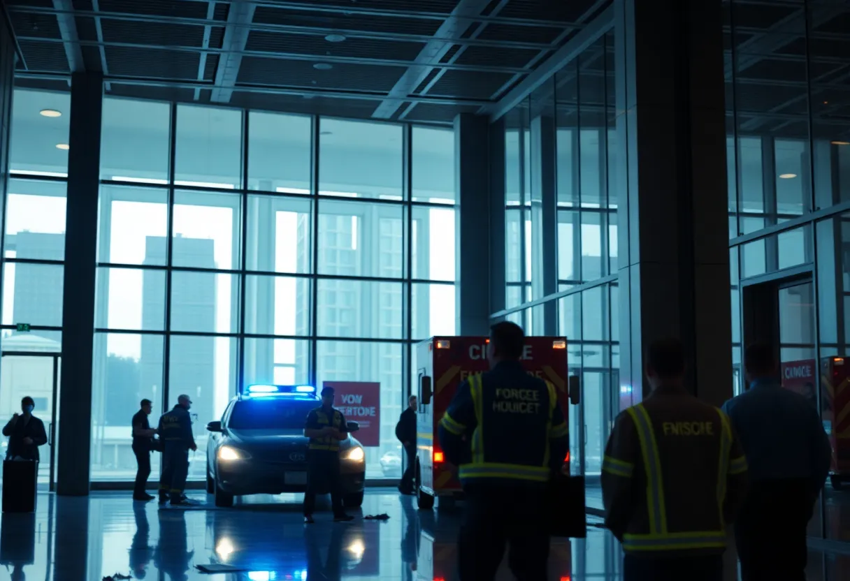 Police and emergency services at a financial district building in NYC after a shooting incident.