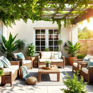 A well-designed outdoor living space with furniture and plants