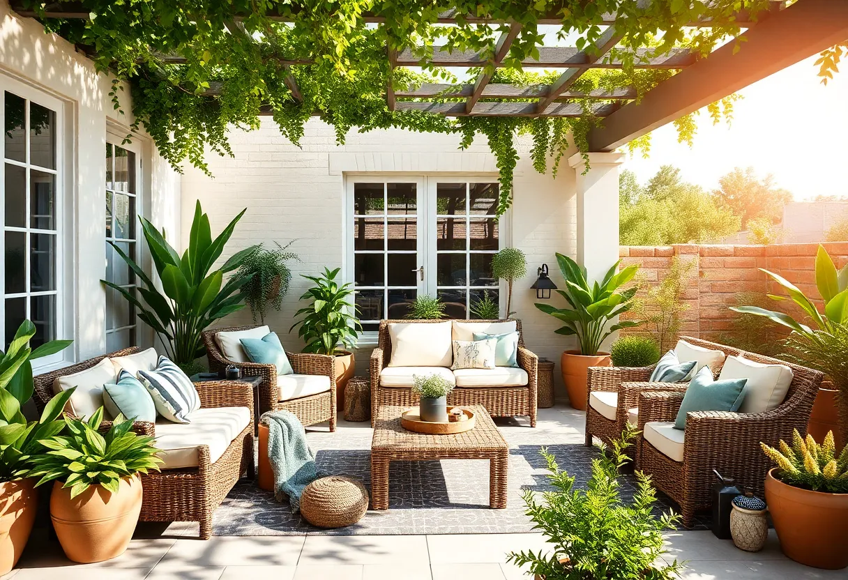 A well-designed outdoor living space with furniture and plants