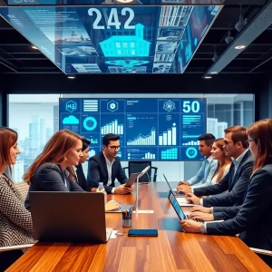 Illustration of a high-tech real estate office with AI tools and professionals collaborating.