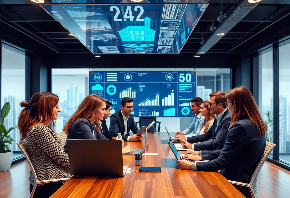 Illustration of a high-tech real estate office with AI tools and professionals collaborating.