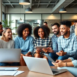 Group of young adults exploring homebuying options in a modern living space