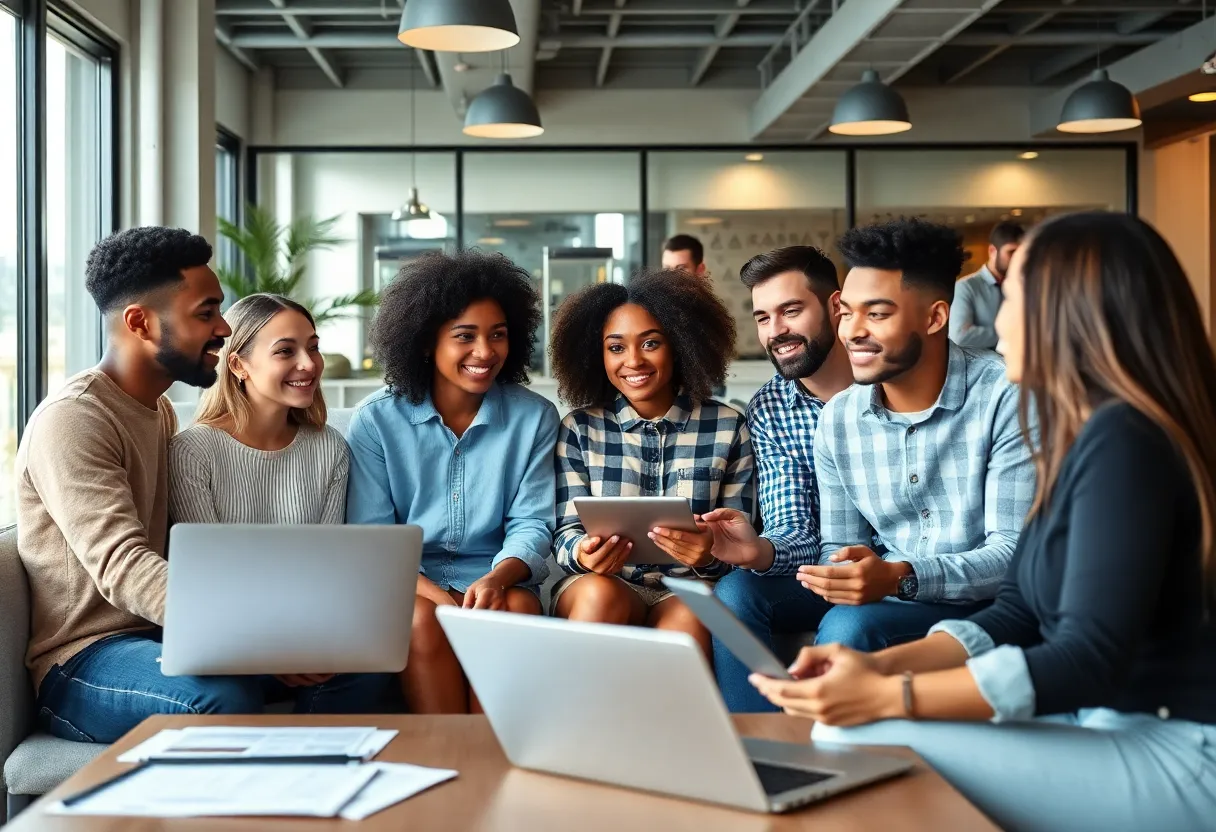 Group of young adults exploring homebuying options in a modern living space