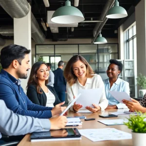 Diverse real estate agents collaborating in a modern office environment.
