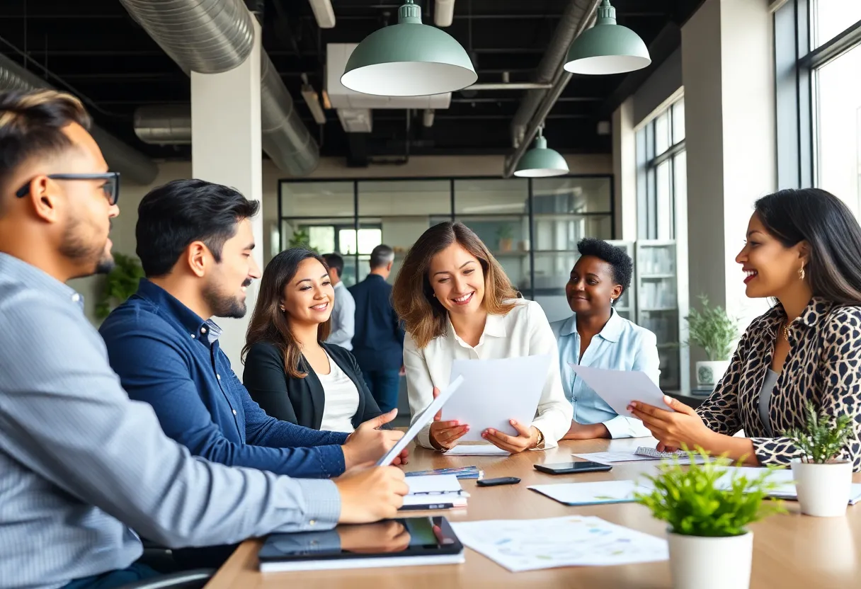 Diverse real estate agents collaborating in a modern office environment.
