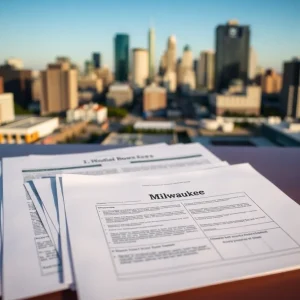 Essential home buying documents on a table with Milwaukee cityscape.