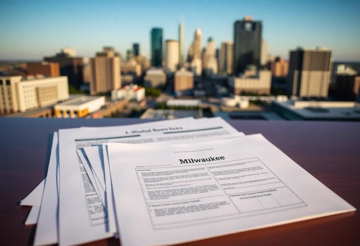 Essential home buying documents on a table with Milwaukee cityscape.
