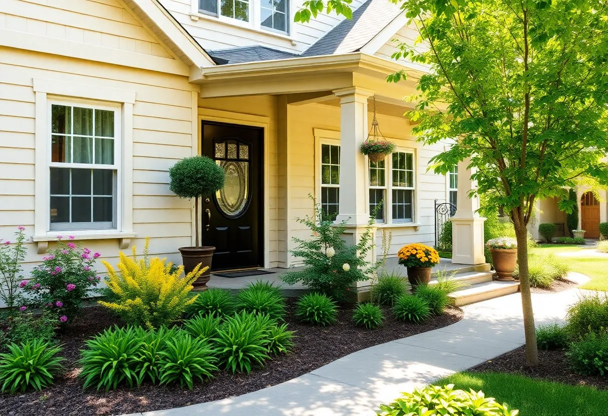 A renovated home exterior with vibrant landscaping