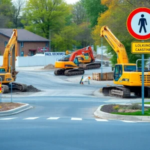 Construction site showing machinery and road signs near a school intersection