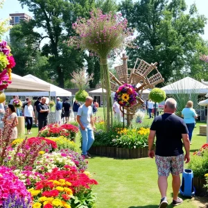 A lively garden event in Milwaukee with flowers, art, and people participating in activities.