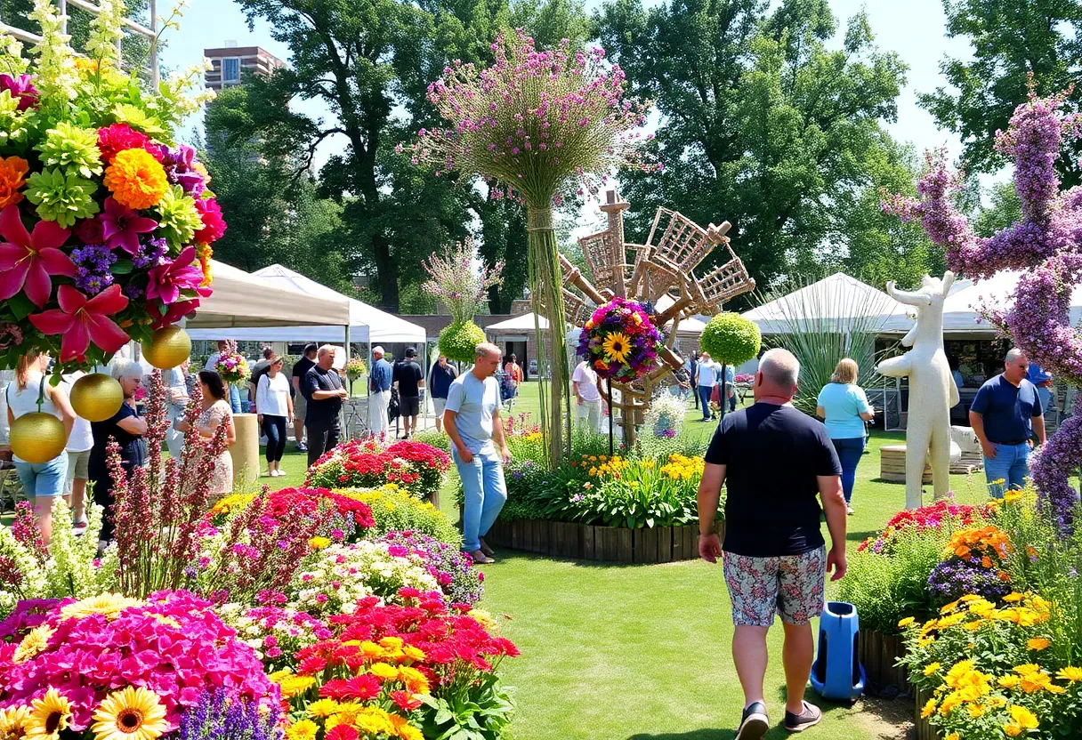 A lively garden event in Milwaukee with flowers, art, and people participating in activities.