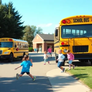 School bus at an elementary school highlighting transportation issues