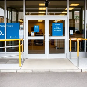 A business entrance featuring wheelchair ramps and accessibility signage.