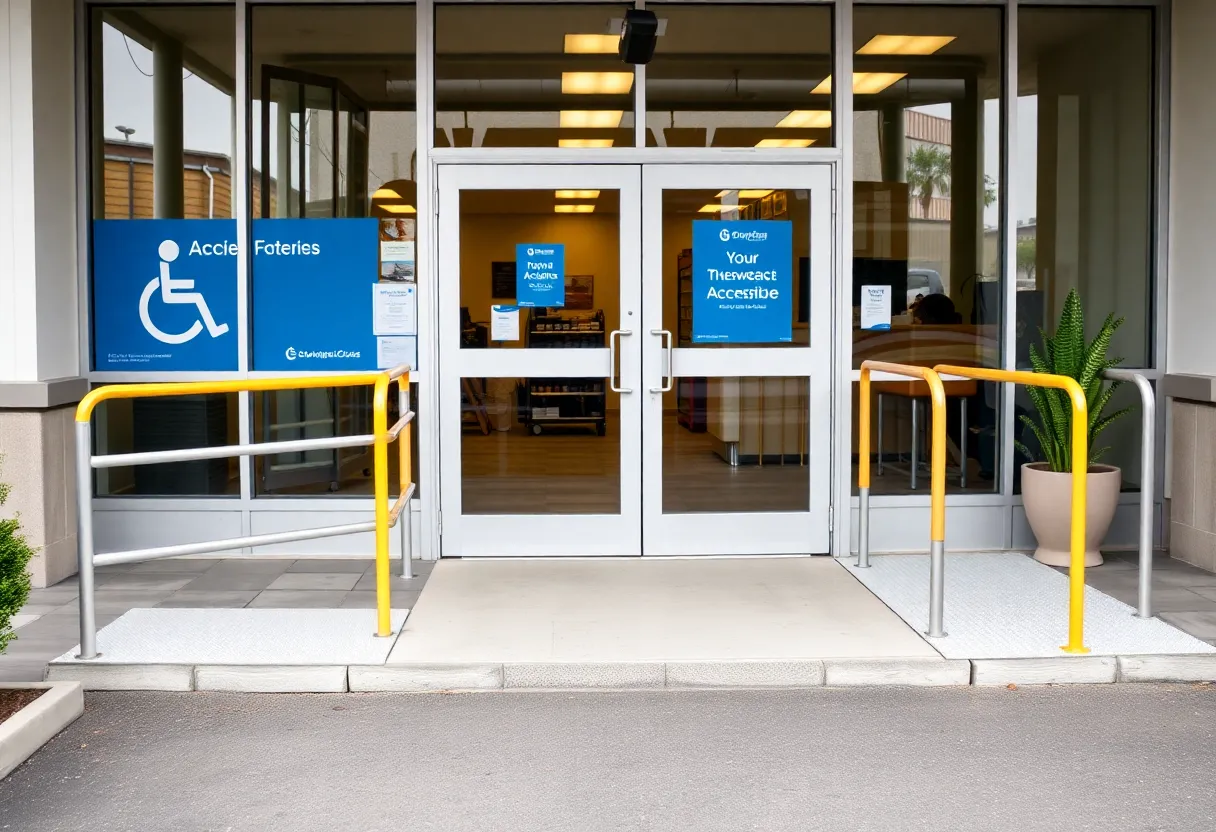 A business entrance featuring wheelchair ramps and accessibility signage.