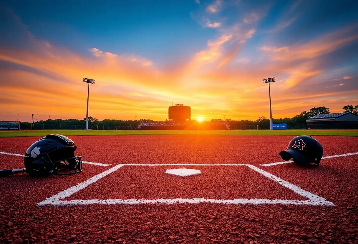 Baseball field with equipment at sunset