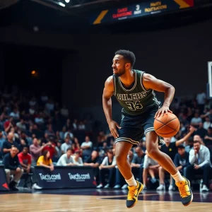 Dramatic basketball game with a star player in motion