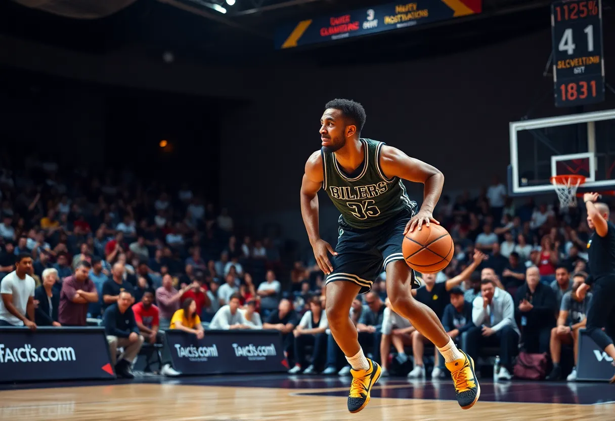 Dramatic basketball game with a star player in motion