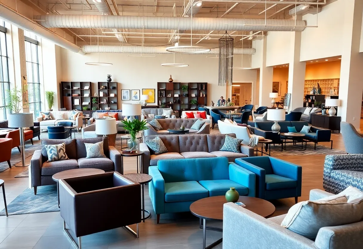 Modern furniture showroom featuring stylish furniture sets