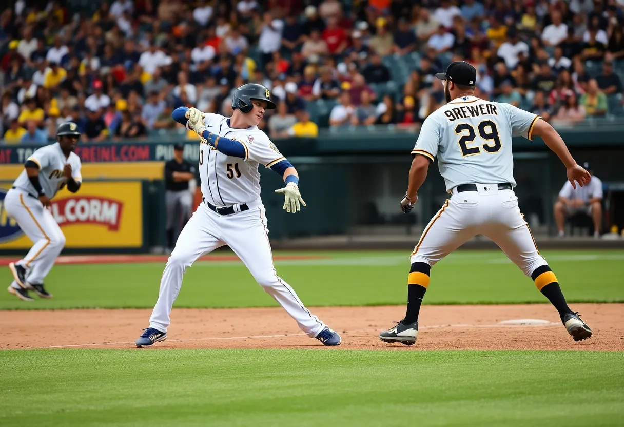 Milwaukee Brewers players in action during game against Pittsburgh Pirates.