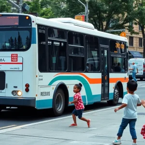 Milwaukee bus on a busy street with children nearby