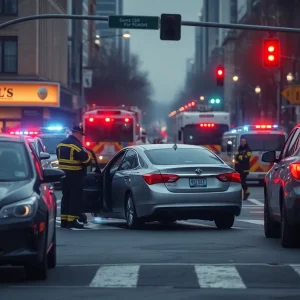 Scene of a tragic car accident with emergency responders present