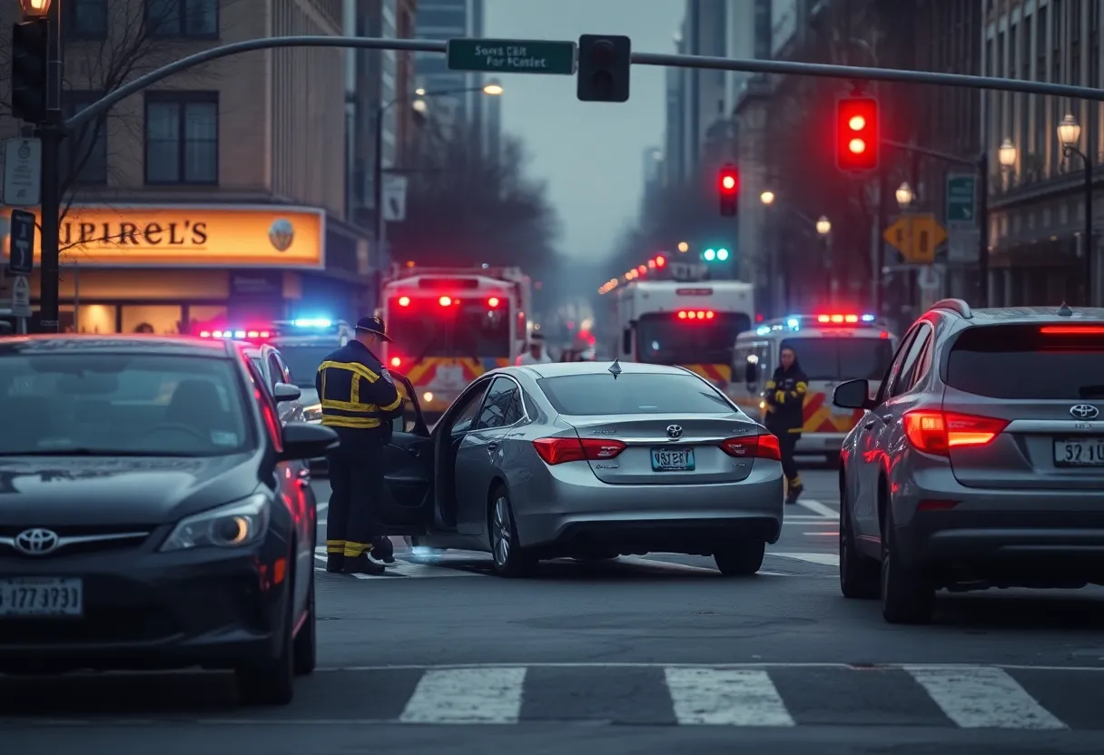 Scene of a tragic car accident with emergency responders present
