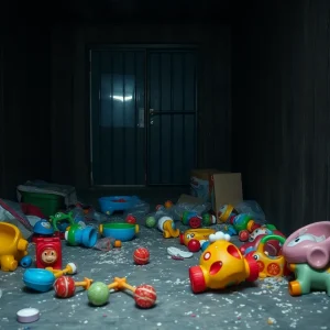 Inside a neglected storage unit with children's toys on the floor.