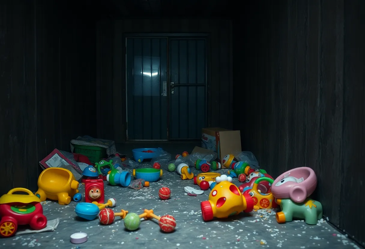 Inside a neglected storage unit with children's toys on the floor.