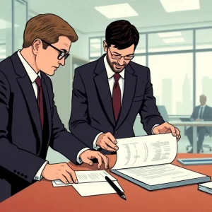 Illustration depicting corporate investigations related to mergers and fiduciary duties.
