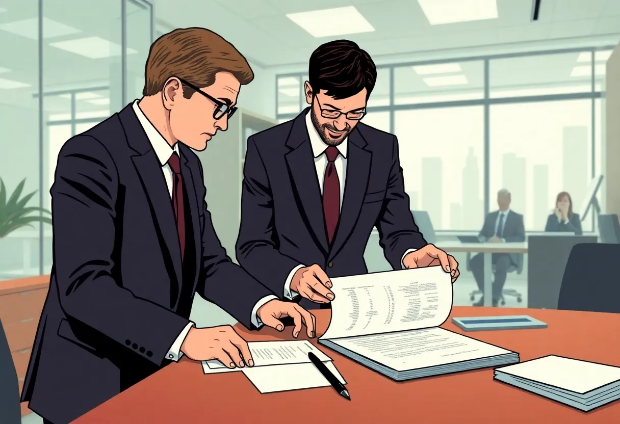 Illustration depicting corporate investigations related to mergers and fiduciary duties.