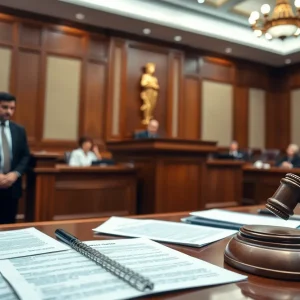 Depiction of a courtroom scene with legal documents related to healthcare fraud.