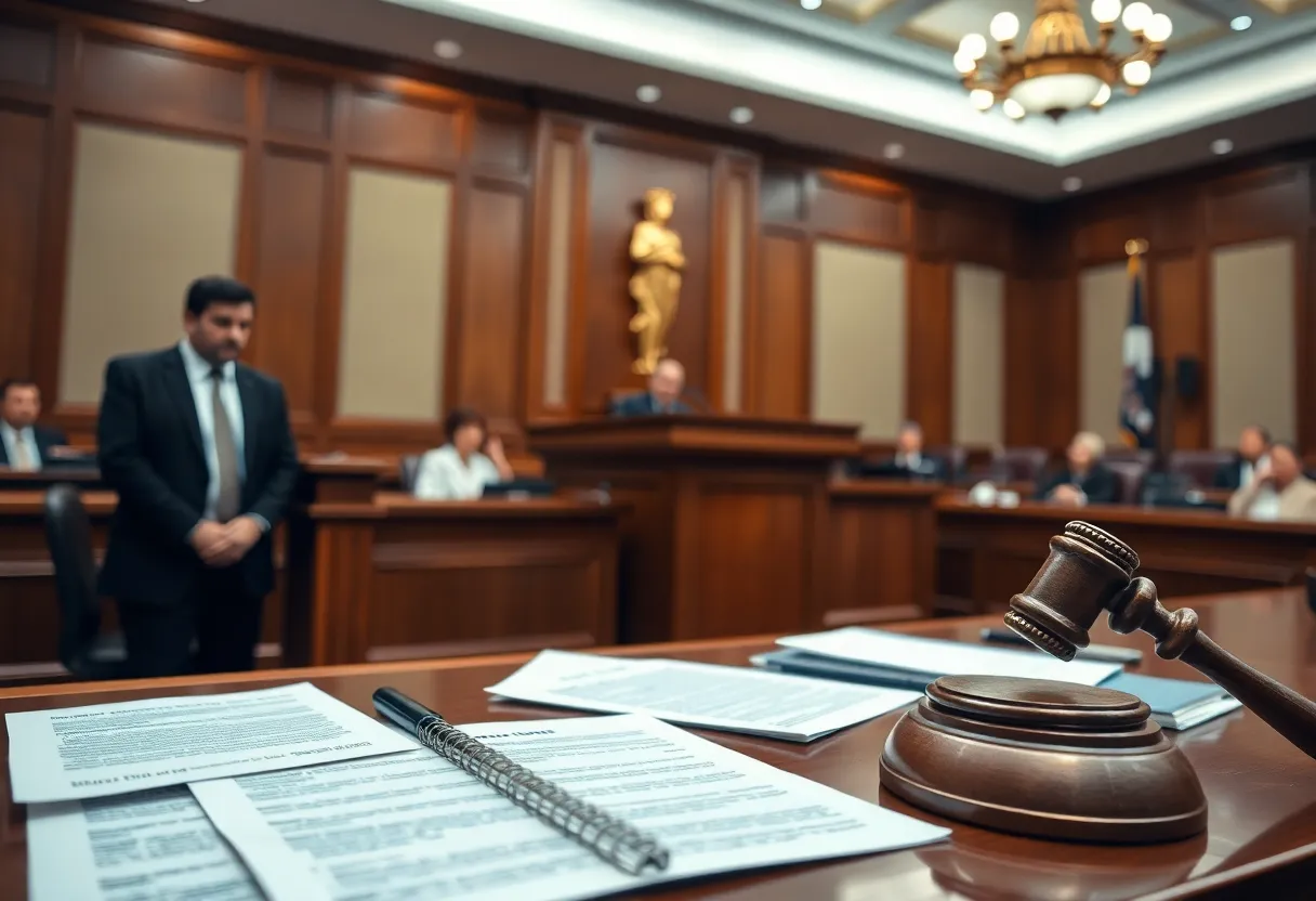 Depiction of a courtroom scene with legal documents related to healthcare fraud.