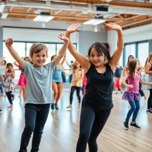 Children and adults dancing in a new, vibrant dance studio