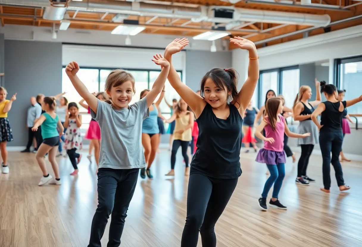 Children and adults dancing in a new, vibrant dance studio