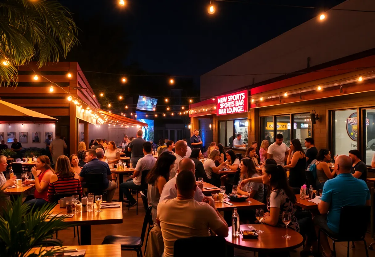 A vibrant night scene at Diaspora Sports Bar with people socializing and enjoying the outdoor patio.