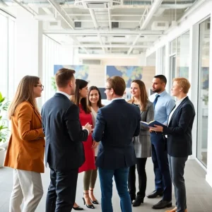 Professionals collaborating in an office setting on economic development projects