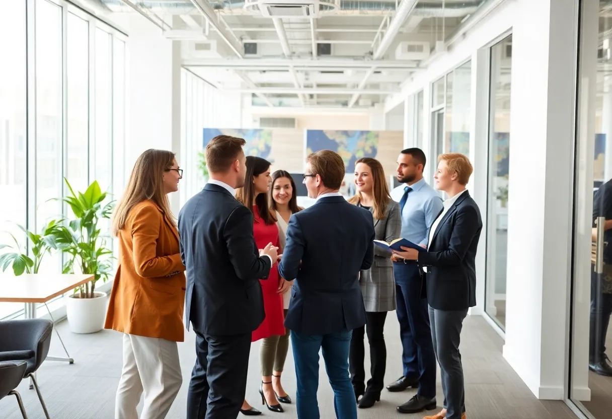 Professionals collaborating in an office setting on economic development projects