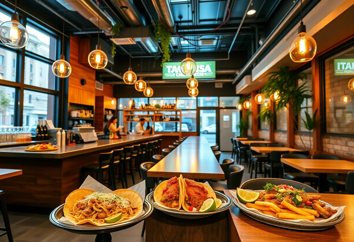 Interior view of Explorium Distilled restaurant showcasing modern decor and dining areas.