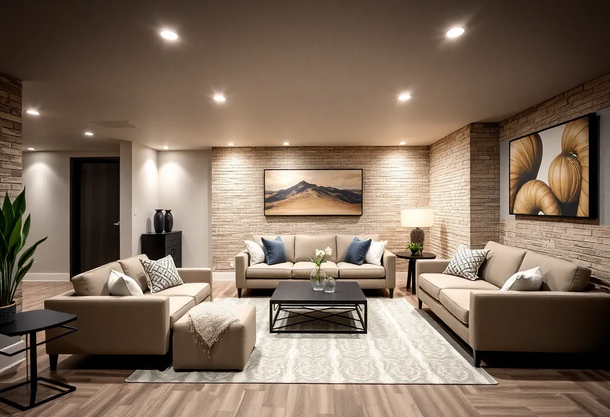 Cozy and modern finished basement interior