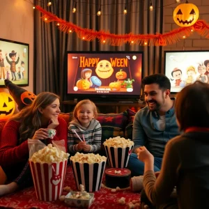 Family watching Halloween movies together with snacks