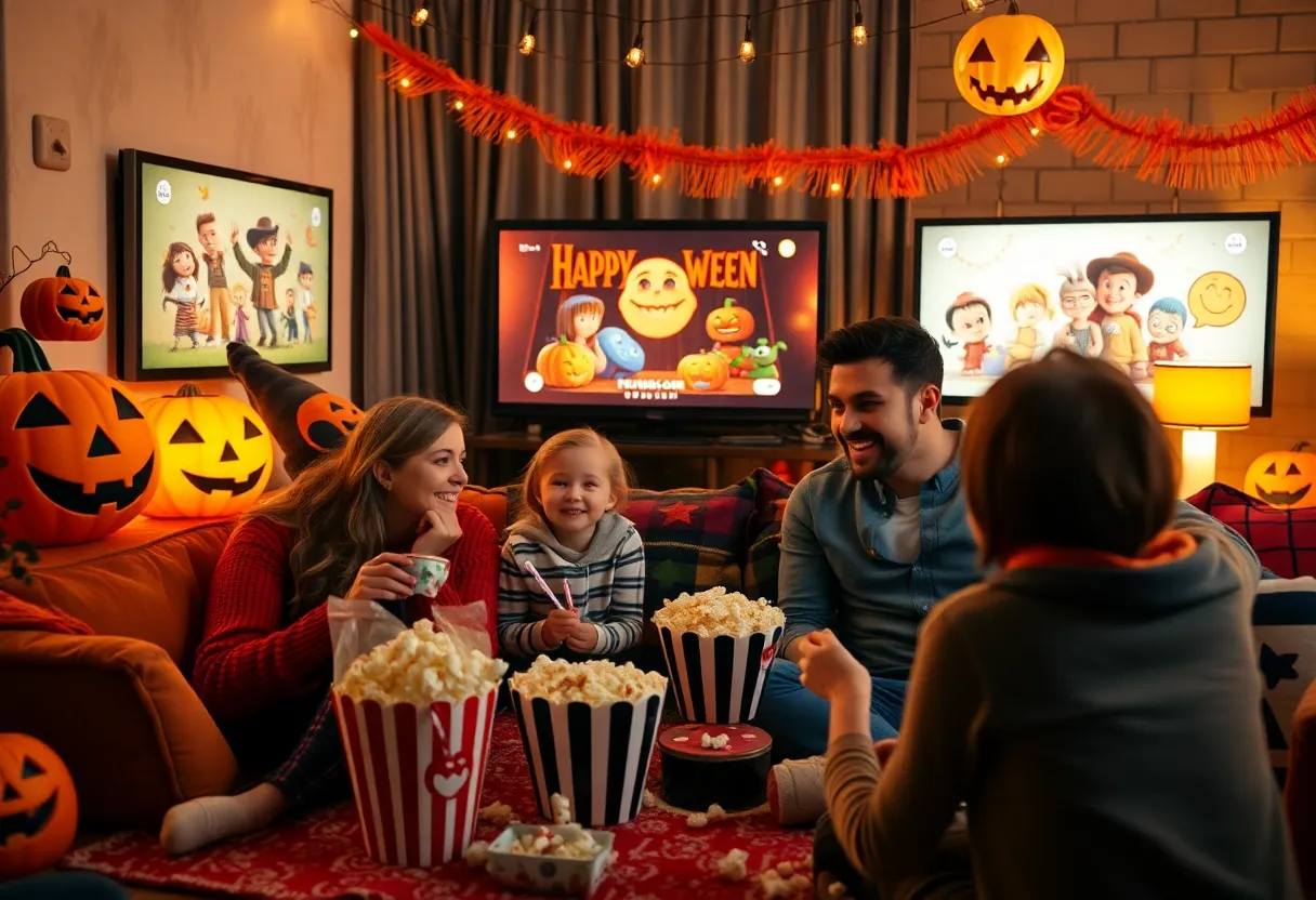 Family watching Halloween movies together with snacks