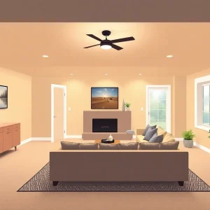 A stylish finished basement showcasing modern design features