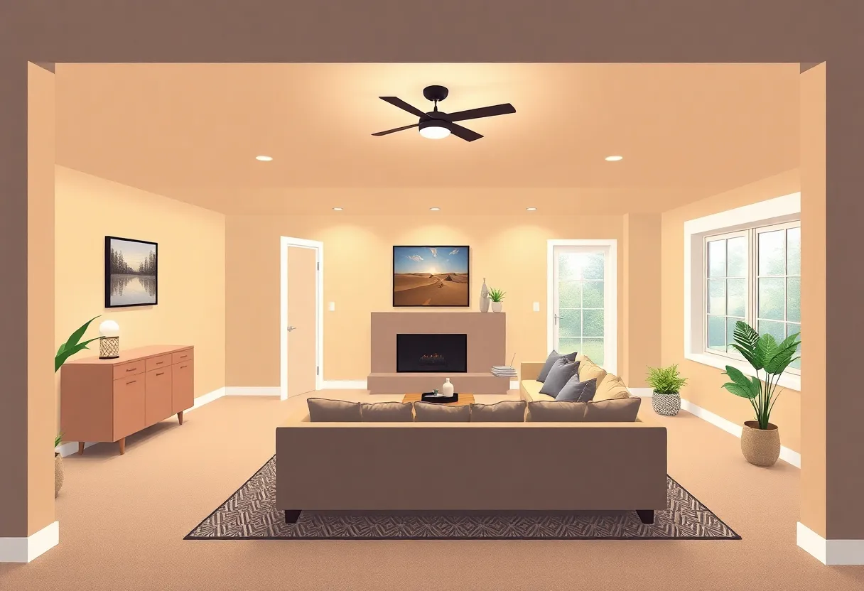 A stylish finished basement showcasing modern design features